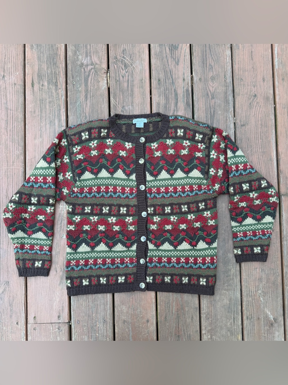 Gallagher Cardigan Women’s M Brown Fair Isle Floral Button Front Sweater Vintage